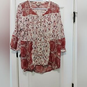 Lucky Brand Red and Cream Patterned Blouse Sz XL